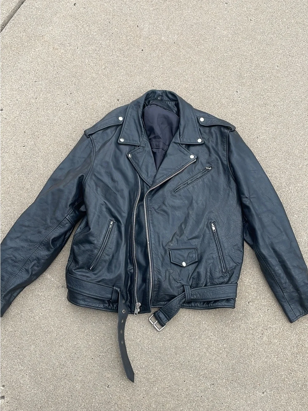 Classic Black Leather Motorcycle Jacket with Belt